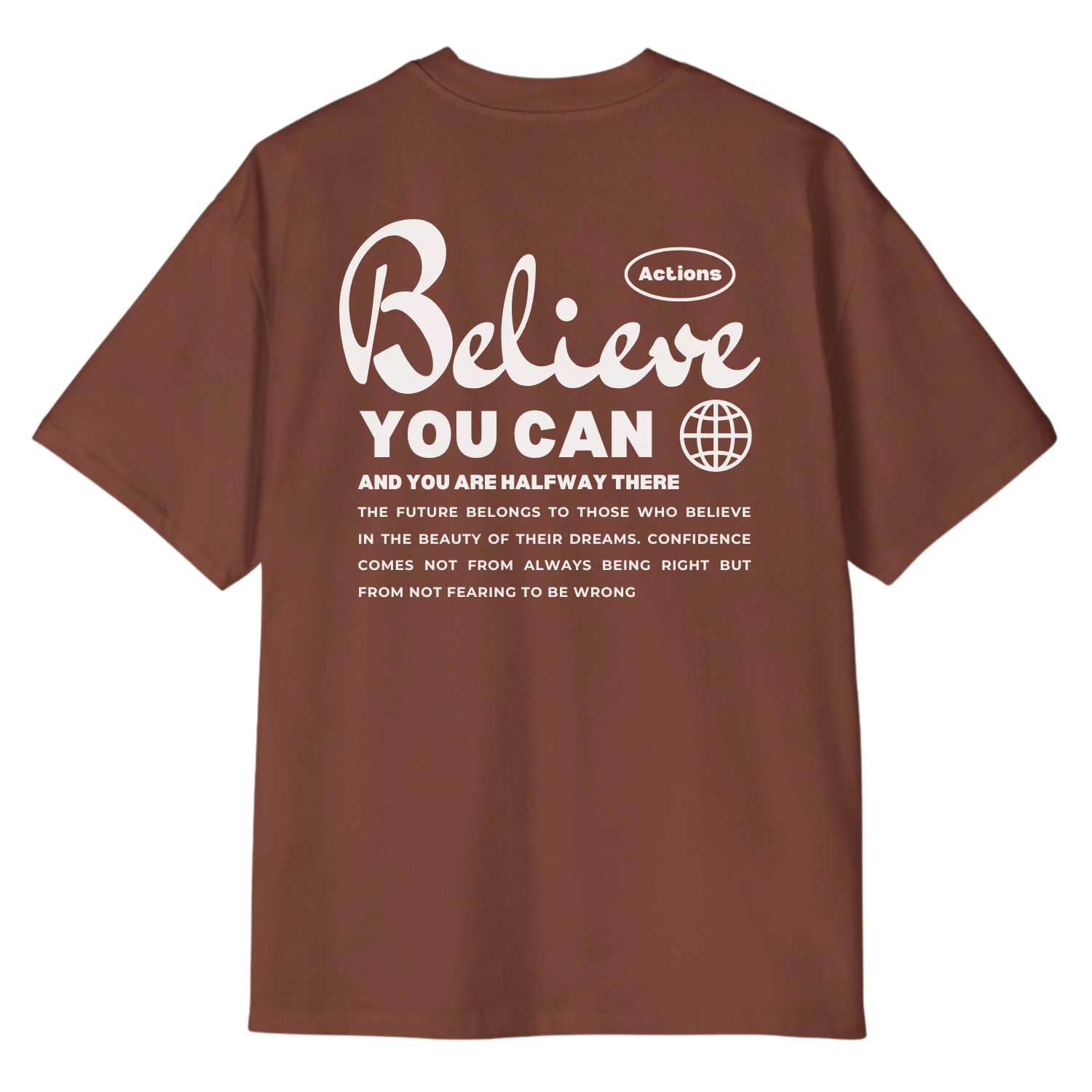 Brown Believe oversized t shirt back side, trendy clothing and aesthetic look